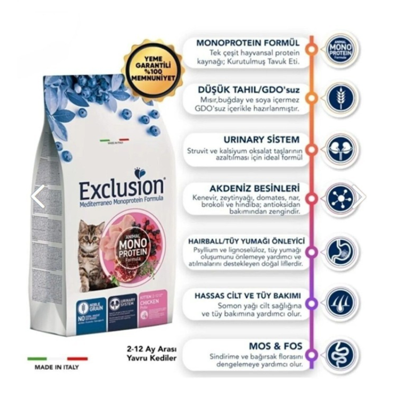 Exclusion Düşük Tahıllı Monoprotein Kitten Tavuklu Yavru Kedi Maması 12 Kg