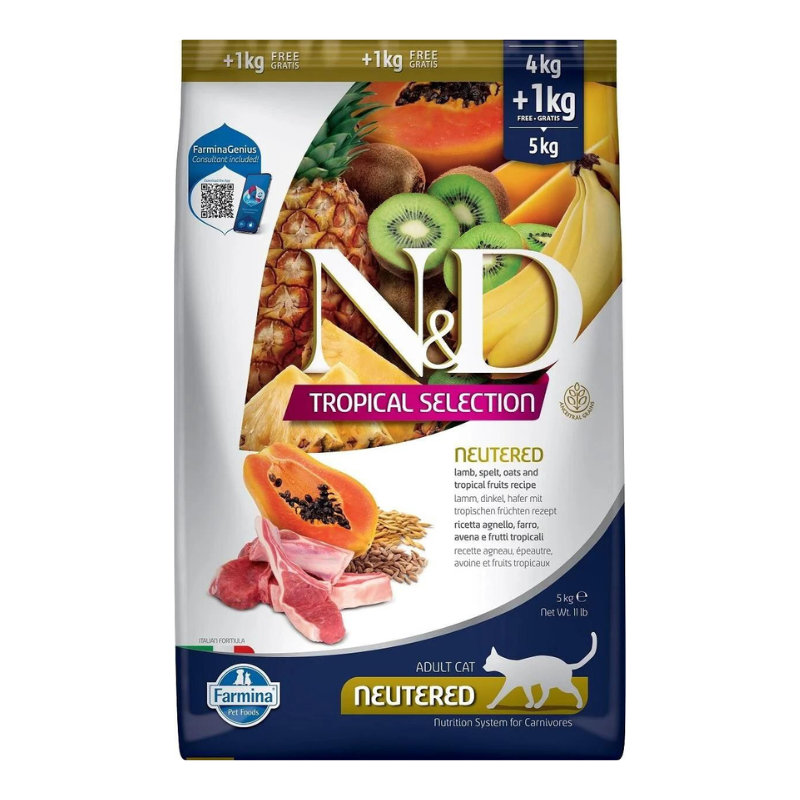ND Tropical Selection Düşük Tahıllı Kuzu Etli ve Tropikal Meyveli Kısırlaştırılmış Kedi Maması 4+1 kg