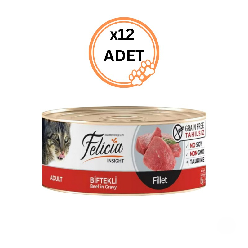 12 ADET Felicia Tahılsız Biftekli Fileto Kedi Konservesi 85 gr x12