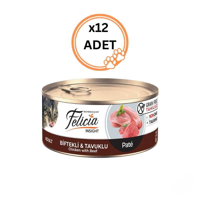 12 ADET Felicia Tahılsız Kıyılmış Biftekli ve Tavuklu Kedi Konservesi 85 gr x12