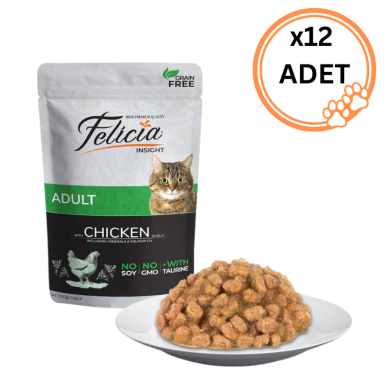 12 ADET Felicia Tahılsız Pouch Yetişkin Tavuklu Yaş Kedi Maması 85 gr x12