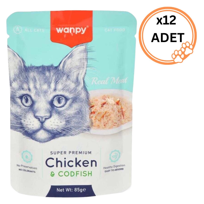 12 ADET Wanpy  Pouch Tavuklu & Morina Balıklı Yaş Kedi Maması 85 gr x12