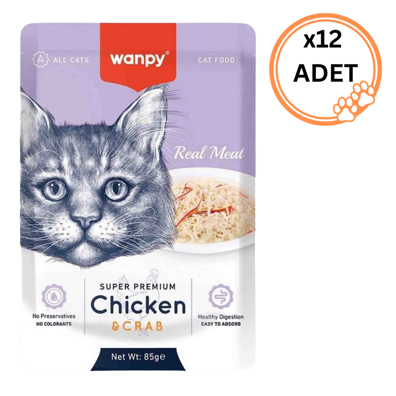 12 ADET Wanpy Pouch Tavuklu & Yengeçli Yaş Kedi Maması 85 gr x12