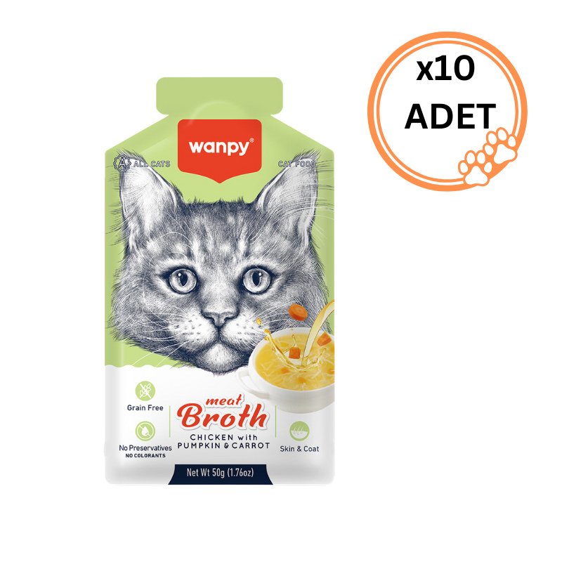 10 ADET Wanpy Kediler için Bal Kabağı & Havuçlu Tavuk Eti Çorbası 50 gr x10